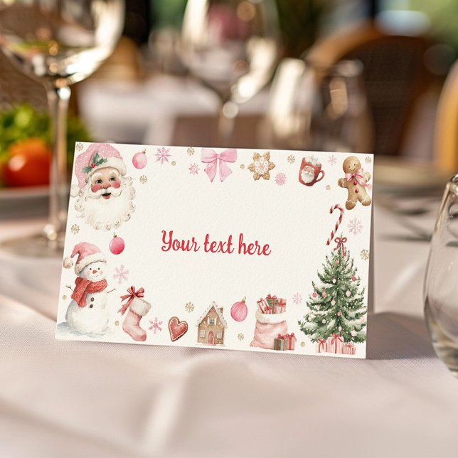 Retro Christmas Pink Santa Birthday Food Tent Platzkarte (Von Creator hochgeladen)