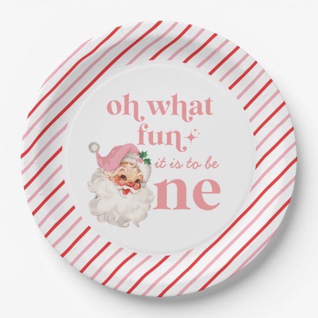 Retro Christmas pink Santa First Birthday Pappteller (Vorderseite)