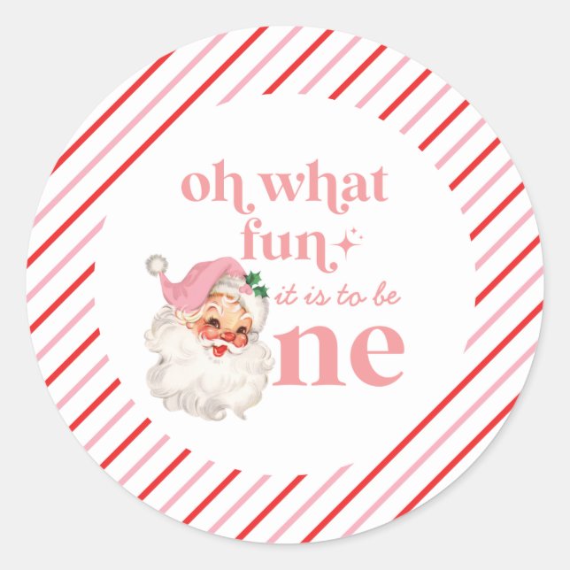 Retro Christmas pink Santa First Birthday Runder Aufkleber (Vorderseite)