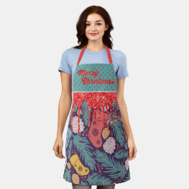 Retro Christmas Print Red Driving & Gold Glitzer Schürze