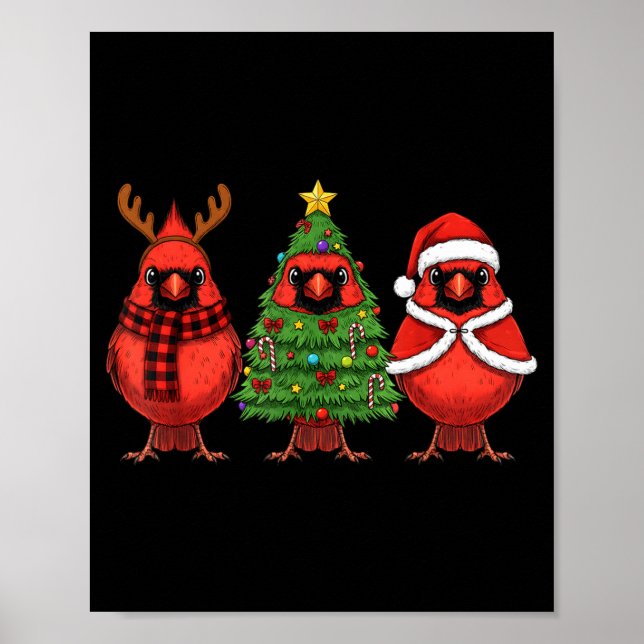 Retro Christmas Red Cardinal Bird Santa Reindeer  Poster (Vorne)