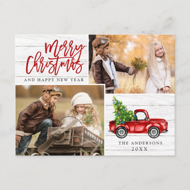 Retro Christmas Red Truck Rustic 2 FOTO Gruß Postkarte (Vorderseite)