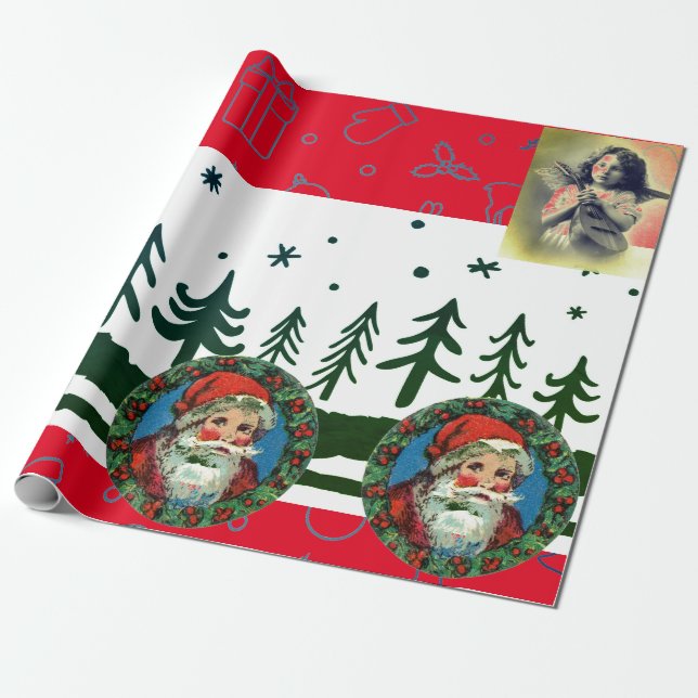 RETRO CHRISTMAS SANTA & ANGEL Wrapping Paper Geschenkpapier (Ungerollt)