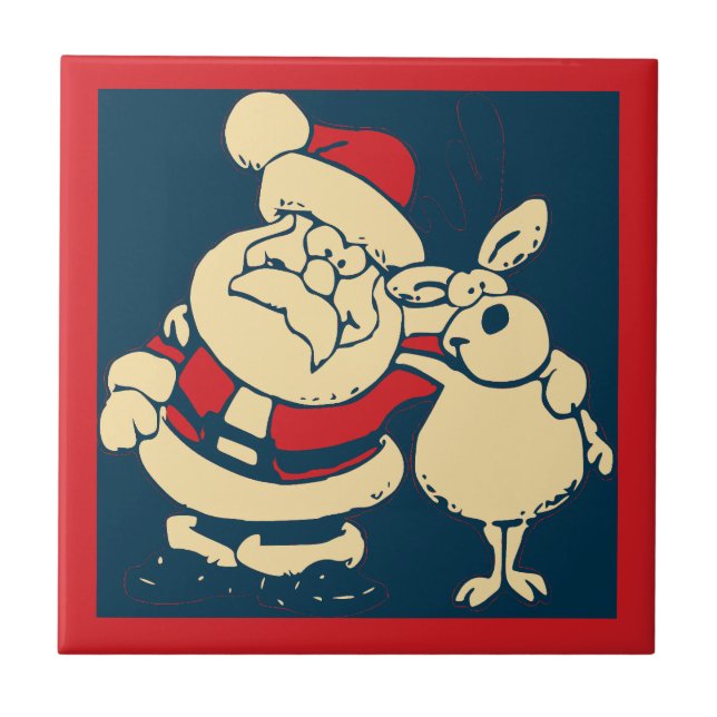 Retro Christmas Santa und sein Reindeer Buddy Fliese (Vorderseite)