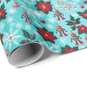 Retro Christmas Sci-Fi Robots Ornaments Blue Geschenkpapier