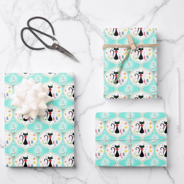 Retro Christmas Siamese Cat Ogee Pattern Geschenkpapier Set (Vorderseite)