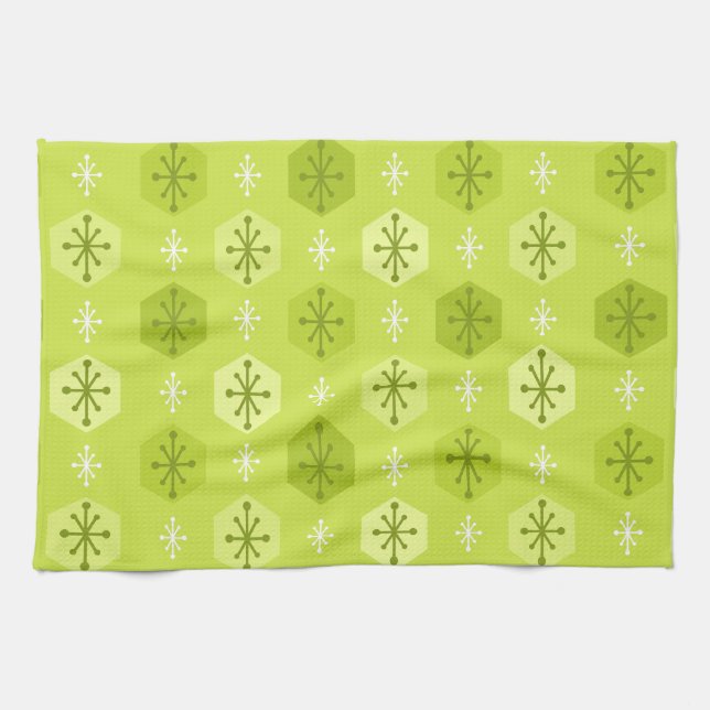 Retro Christmas Snowflakes Chartreuse Geschirrtuch (Horizontal)
