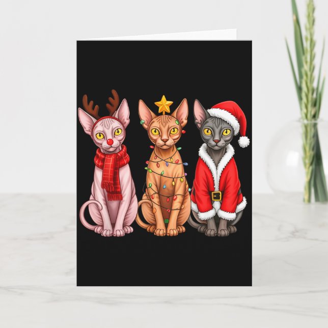 Retro Christmas Sphynx Cat Santa Reindeer  Karte (Vorderseite)