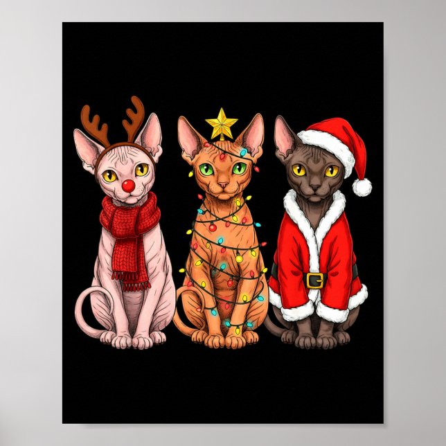 Retro Christmas Sphynx Cat Santa Reindeer  Poster (Vorne)