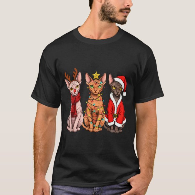 Retro Christmas Sphynx Cat Santa Reindeer  T-Shirt (Vorderseite)