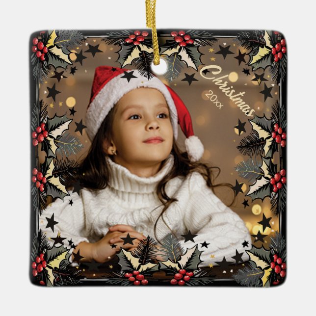 Retro Christmas Stars Border Foto Ornament (Vorderseite)