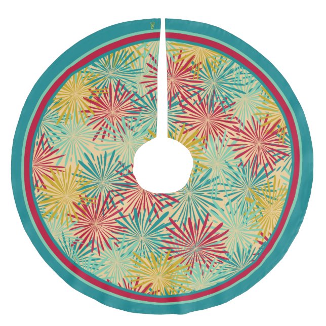 Retro Christmas Tinsel PomPoms (Tropische Farben) Fleece Weihnachtsbaumdecke (Vorderseite)