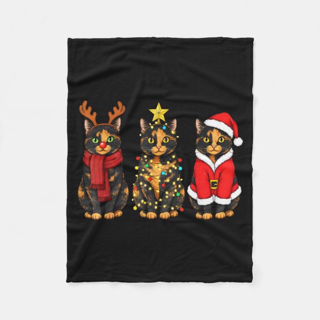 Retro Christmas Tortoiseshell Cat Santa Reindeer  Fleecedecke (Vorderseite)