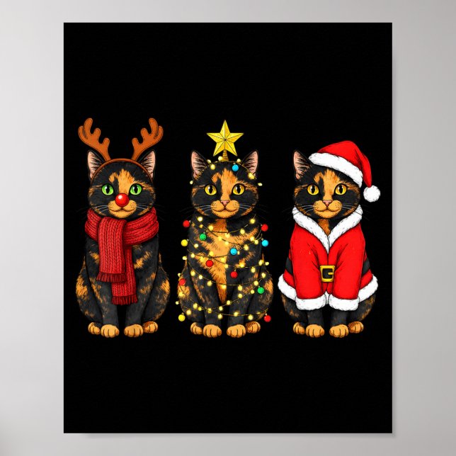 Retro Christmas Tortoiseshell Cat Santa Reindeer  Poster (Vorne)