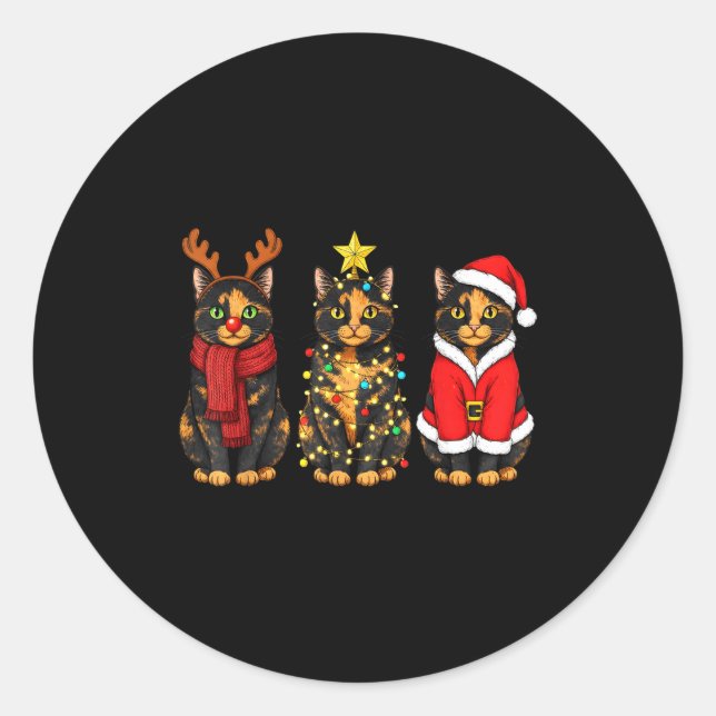 Retro Christmas Tortoiseshell Cat Santa Reindeer  Runder Aufkleber (Vorderseite)