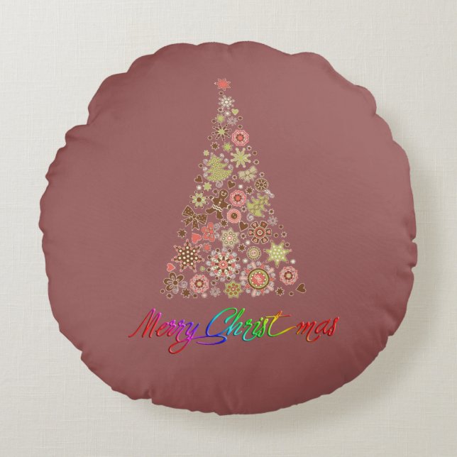 Retro Christmas Tree Round Throw Kissen (Vorderseite)