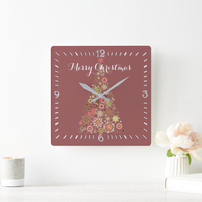 Retro Christmas Tree Square Wall Clock Quadratische Wanduhr (Zuhause)