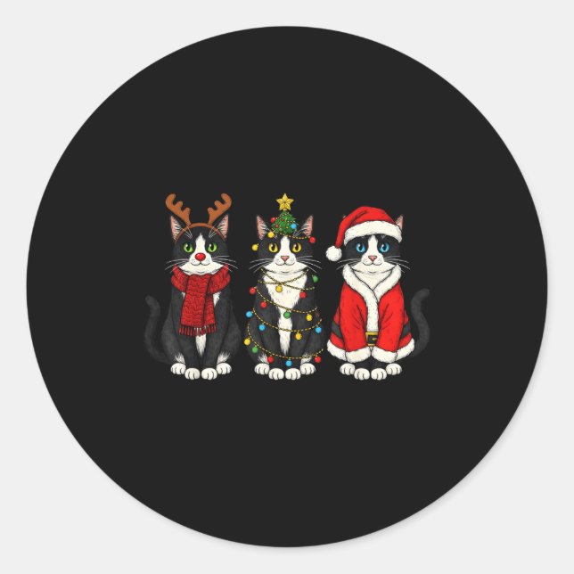 Retro Christmas Tuxedo Cat Santa Reindeer  Runder Aufkleber (Vorderseite)