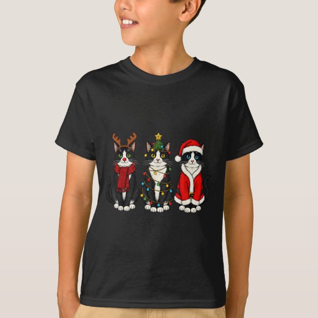 Retro Christmas Tuxedo Cat Santa Reindeer  T-Shirt (Vorderseite)