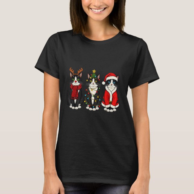 Retro Christmas Tuxedo Cat Santa Reindeer  T-Shirt (Vorderseite)