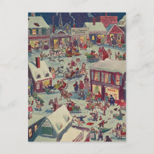 Retro Christmas Village Chaos Holiday Postcard Feiertagspostkarte