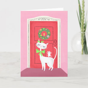 Retro Christmas White Cat and Mouse Holiday Card Feiertagskarte
