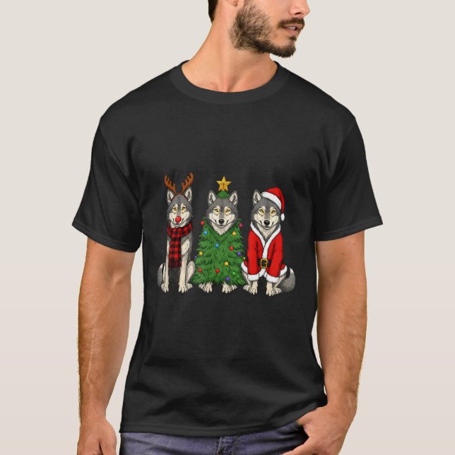 Retro Christmas Wolf Santa Reindeer  T-Shirt (Vorderseite)