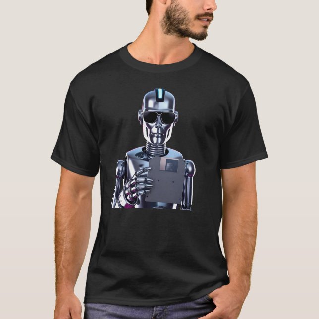 Retro Chrome Synthwave Bot AI Terminator T-Shirt (Vorderseite)
