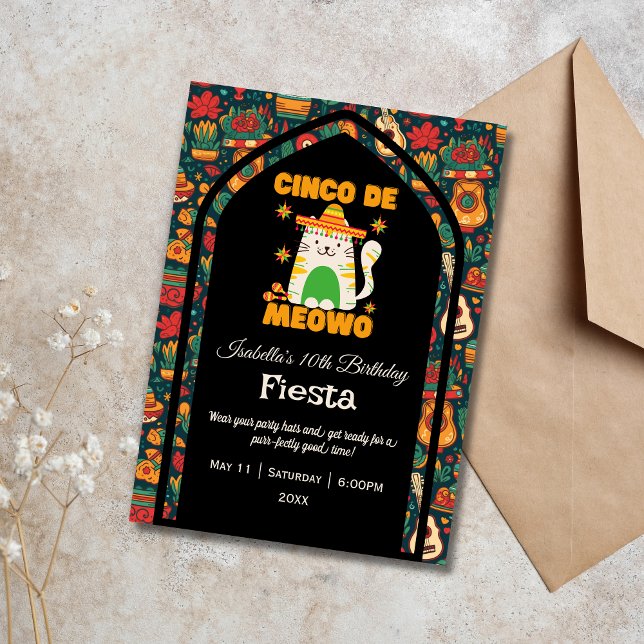Retro Cinco De Mayo - Niedliche Katze Geburtstag Einladung (Von Creator hochgeladen)