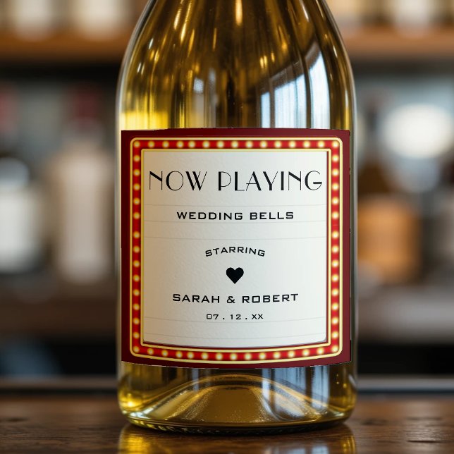 Retro Cinema Theater Marquee Sign Red Wedding (Retro Cinema Theater Marquee Sign Red Wedding Sparkling Wine Label
)