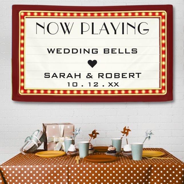 Retro Cinema Theater Marquee Sign Red Wedding Banner (Retro Cinema Theater Marquee Sign Dark Red Burgundy Wedding)