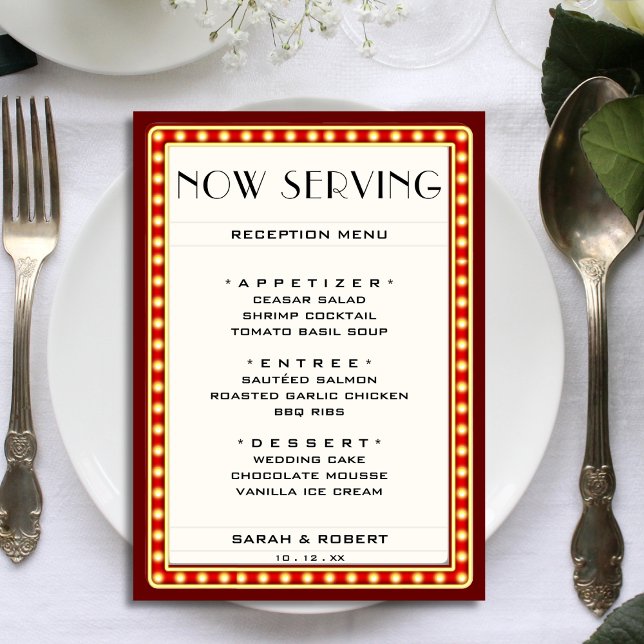Retro Cinema Theater Marquee Sign Red Wedding Menükarte (Retro Cinema Theater Marquee Sign Red Wedding Menu)