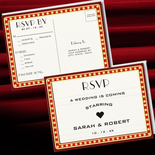 Retro Cinema Theater Marquee Sign Red Wedding RSVP Postkarte (Retro Cinema Theater Marquee Sign Red Wedding RSVP Postcard)