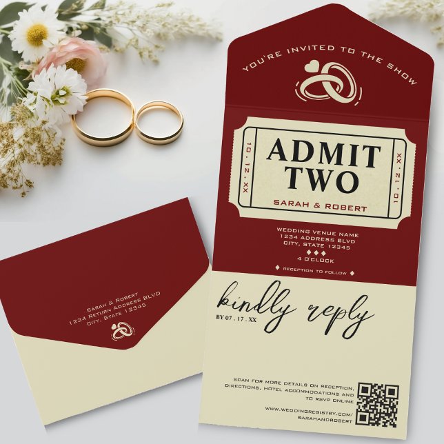Retro Cinema Theatre Admit 2 Ticket Hochzeit All In One Einladung (Retro Cinema Theater Admit Two Ticket Wedding All In One Invitation)