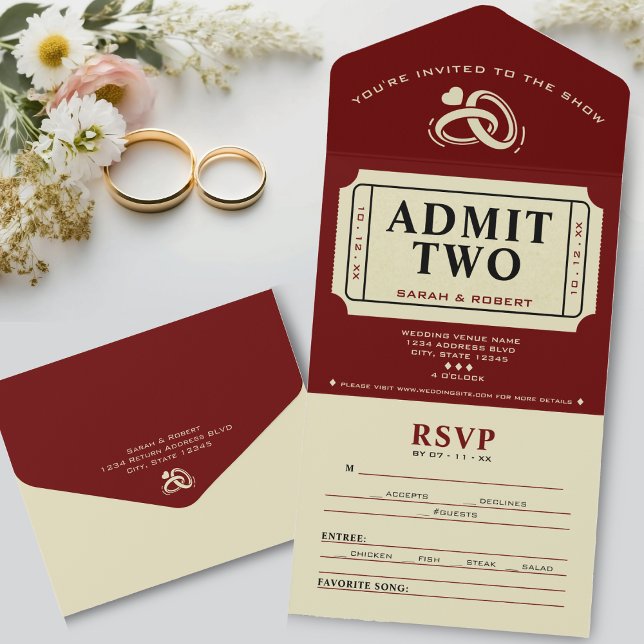 Retro Cinema Theatre Admit 2 Ticket Hochzeit All In One Einladung (Retro Cinema Theater Admit Two Ticket Wedding All In One Invitation)