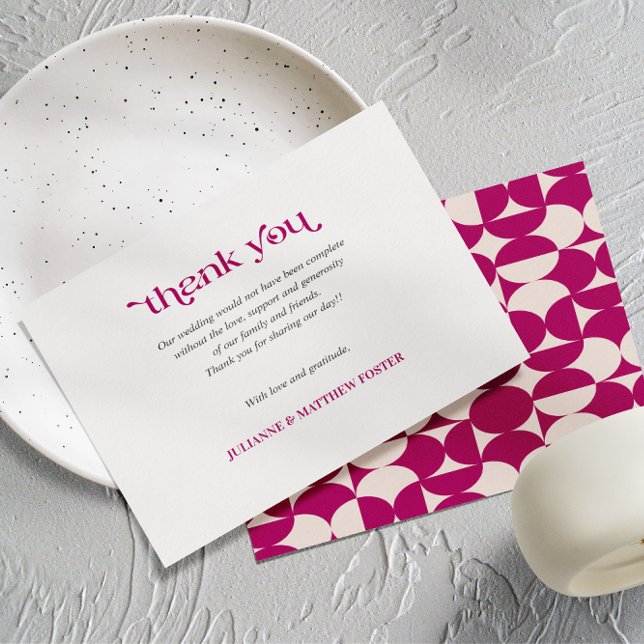 Retro Circle Scallop Mitte Jahrhundert Lila WEDD Dankeskarte (Wedding Thank you card with purple vintage inspired bold pattern Mid century modern geometric)