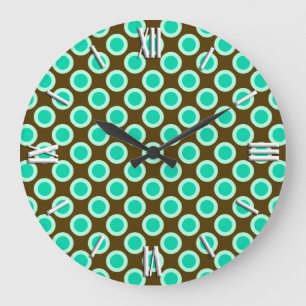 Retro circled dots, brown and turquoise große wanduhr
