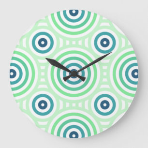 Retro Circular Geometric Pattern in Green & Blue Große Wanduhr