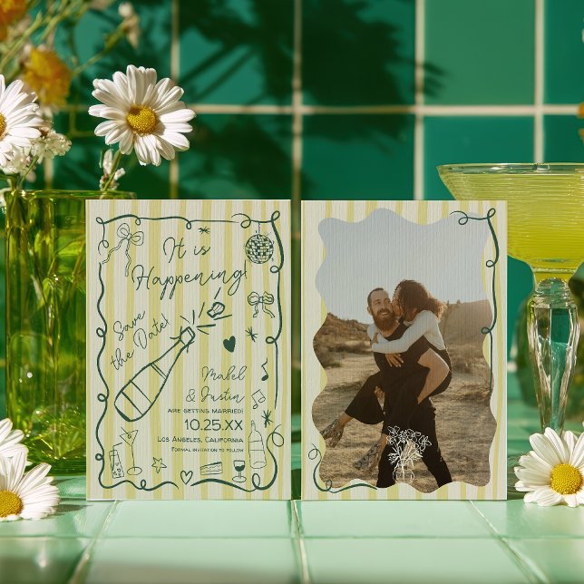 Retro Citrus Green hand drawn photo wedding Save The Date (Retro Citrus Green hand drawn photo wedding Save The Date)