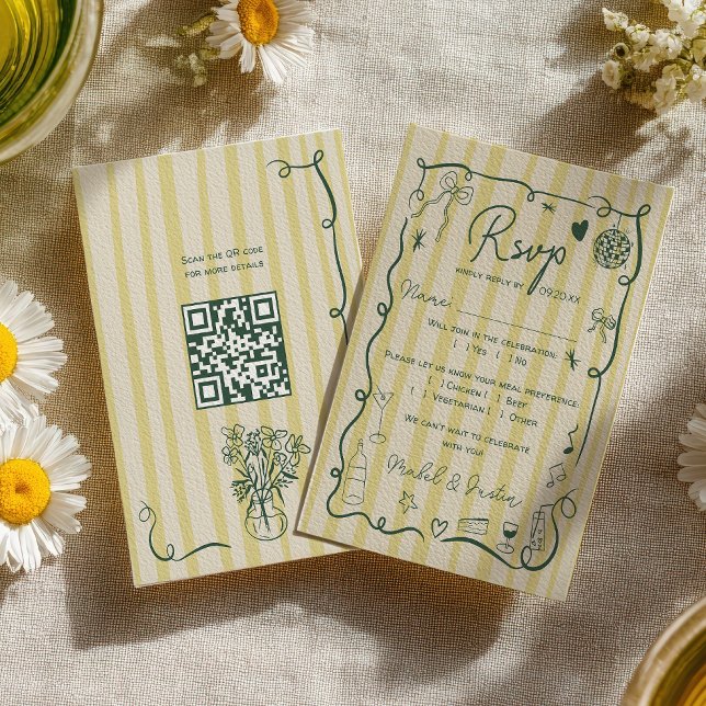 Retro Citrus Green hand drawn wedding QR RSVP Karte (Retro Citrus Green hand drawn wedding QR RSVP Card)