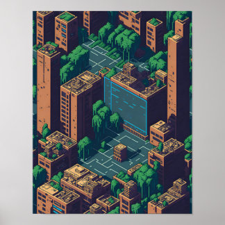 Retro City Top Down Pixel Art Wall Poster