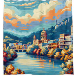 "Retro Cityscape River Sunset" Duschvorhang