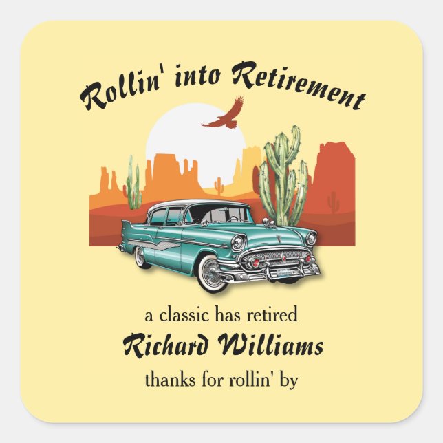 Retro Classic Blue Car Wüste Quadratischer Aufkleber (Vorderseite)