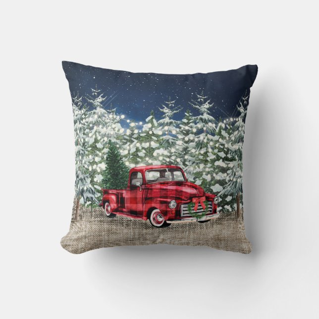 Retro Classic Rustic Forest Christmas Red Truck Kissen (Vorderseite)