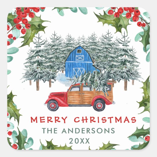Retro Classic Rustic Frohe Weihnachts Red Truck Quadratischer Aufkleber (Vorderseite)