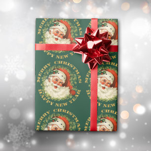 Retro Classic Santa and Wreath Gold Geschenkpapier