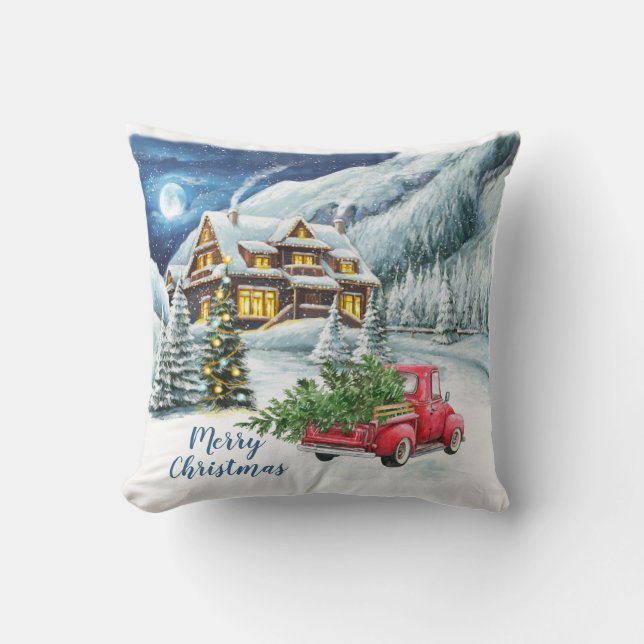 Retro Classic Watercolor Winterwaldlandschaft Kissen (Vorderseite)