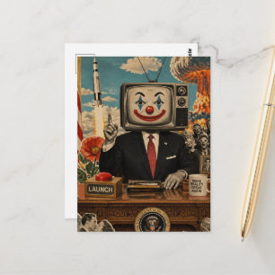 Retro-Clown am Schreibtisch Surrealer Collage Postkarte