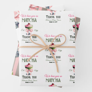 Retro Club Pink Bow Liebe Matcha Baby Dusche Geschenkpapier Set
