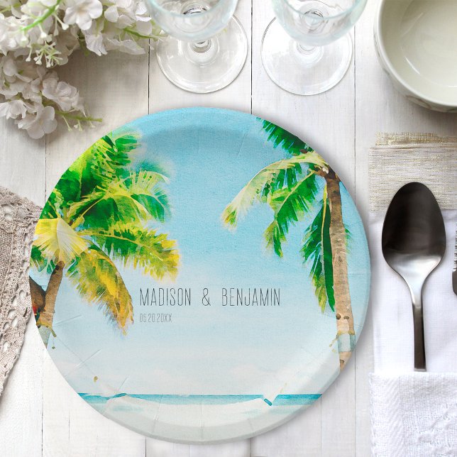 Retro Coastal Beach Palm Trees Tropical Wedding Pappteller (Von Creator hochgeladen)